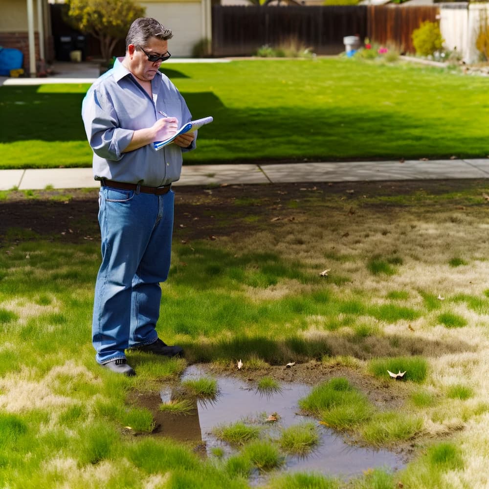 man taking note of water pooling in yard