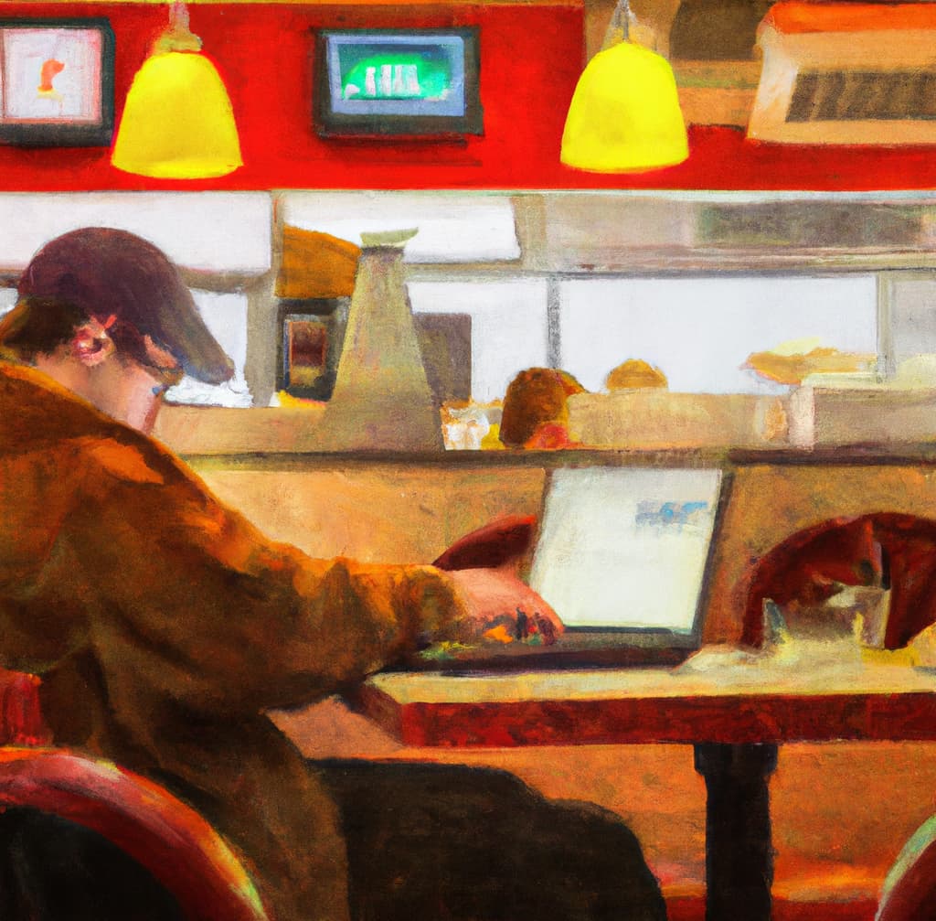 man researching semi truck prices on a laptop at a diner